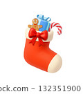 3d Christmas Stocking with Gingerbread, Gift, and Candy Cane 132351900