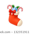 3d Christmas Stocking with Gift Box and Candy Canes 132351911