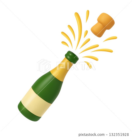 3D champagne bottle popping with splash 3D champagne bottle popping with splash 132351928