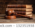A wooden judge's gavel and a stack of law books on a wooden table, brown background. Concept of law, equality, and justice. Law office, legal and forensic 132351938