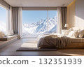 A comfortable bed in a modern bedroom with snowy mountain views and a panoramic window. Luxury resort, hotel room with stylish interior, sunny day 132351939