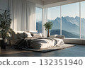 A comfortable bed in a modern bedroom with mountain views and a panoramic window. Luxury resort, hotel room with stylish interior, sunny day 132351940