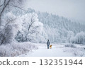 Walking the dog in winter. A man in a jacket walks along a winter street with his pet 132351944
