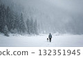 Walking the dog in winter. A man in a jacket walks along a winter street with his pet 132351945