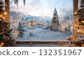 Winter landscape, view from the window with frost on the glass onto the snowy yard and street, festive Christmas atmosphere 132351967