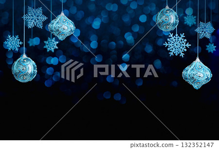 Elegant dark blue holiday background with hanging baubles and snowflakes over deep bokeh. Cool corporate tone, large copy space for banners, headers, posters and greetings. Elegant dark blue holiday background with hanging baubles and snowflakes over deep bokeh. Cool corporate tone, large copy space for banners, headers, posters and greetings. 132352147