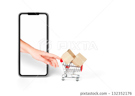 Mini cart and boxes emerging from a smartphone screen. Online retail, add-to-cart and fast delivery concept. Mini cart and boxes emerging from a smartphone screen. Online retail, add-to-cart and fast delivery concept. 132352176