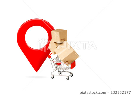 Red location pin and mini cart with boxes. Pickup/collection point and click-and-collect concept. Red location pin and mini cart with boxes. Pickup/collection point and click-and-collect concept. 132352177
