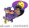 Halloween illustration of a witch on a broom and a black cat 132352435
