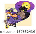 Halloween illustration of a witch on a broom and a black cat 132352436