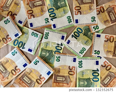 Finance background of Euro banknotes. European money, top view, flat lay. Concept of money, finance, European currency, cash and wealth 132352675