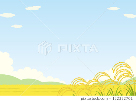 Illustration of a natural landscape of mountains and rice fields with ripe rice ears Illustration of a natural landscape of mountains and rice fields with ripe rice ears 132352701