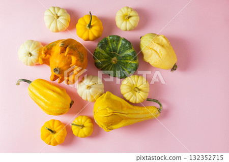 Textured pumpkins of various shapes on a pastel pink background 132352715