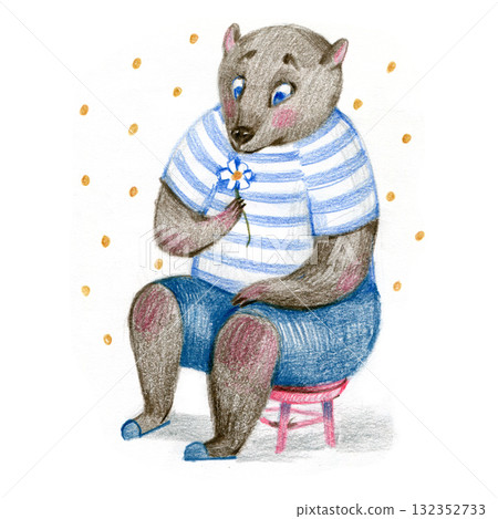 Happy Cute Fat Bear with daisy fall in love, color pancil hand drawn illustration 132352733