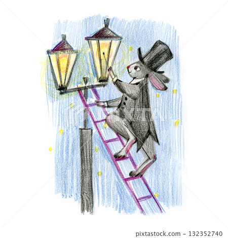 Lamplighter hare cute vintage style illustration. Color pencils hand drawn image. 132352740