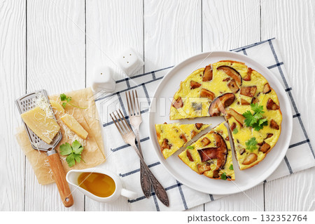 tasty porcini mushroom parmesan omelette, top view 132352764
