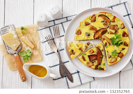 tasty porcini mushroom parmesan omelette, top view 132352765