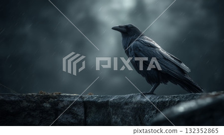 A dramatic, close-up portrait of a black raven or crow perched on a mossy wall under a moody sky 132352865