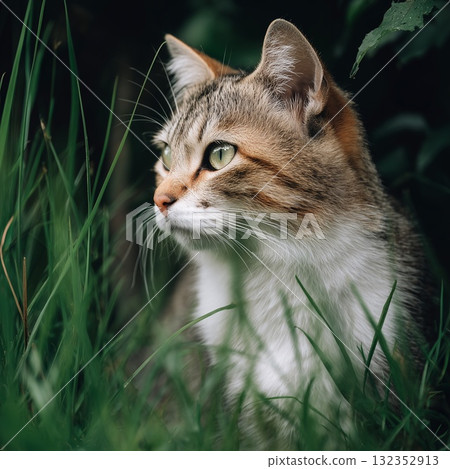 An orange and white kitten pictured up-close among green blades of grass 132352913