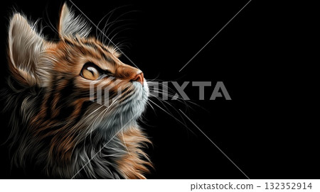 Striking illustration of a cat looking up on a black background with copy space 132352914