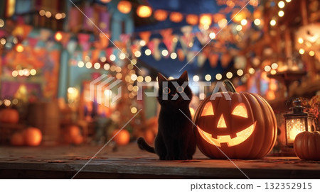 Adorable black cat sitting next to a glowing halloween pumpkin 132352915