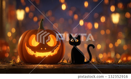 A cute black cat seated beside a glowing, carved Halloween pumpkin A cute black cat seated beside a glowing, carved Halloween pumpkin 132352916