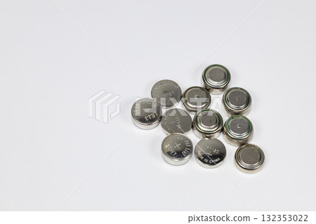 Variety of used Alkaline or lithium Battery or Button cell battery or coin cell isolated on white background. 132353022