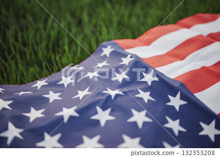 Toned image of flag of USA on winter wheat in spring. Symbol of resilience, rebirth and freedom as young wheat grows in spring 132353208