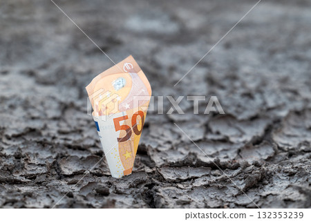 50 euro banknote on dry ground twisted in flower shape. Concept of economic rise in Europe, financial development 50 euro banknote on dry ground twisted in flower shape. Concept of economic rise in Europe, financial development 132353239