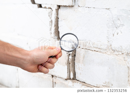 Inspecting building with a crack. Big crack in brick wall, man hands looking at it with magnifying glass 132353256