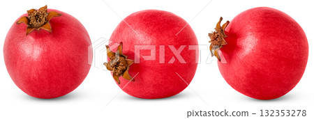 Collection of three pomegranate fruits isolated with clipping path. Pomegranate macro studio photo. Collection of three pomegranate fruits isolated with clipping path. Pomegranate macro studio photo. 132353278