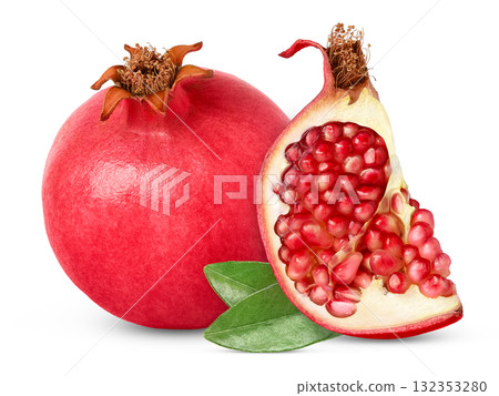 Ripe pomegranate fruit and its chunk with pomegranate leaves. Isolated with clipping path. Ripe pomegranate fruit and its chunk with pomegranate leaves. Isolated with clipping path. 132353280