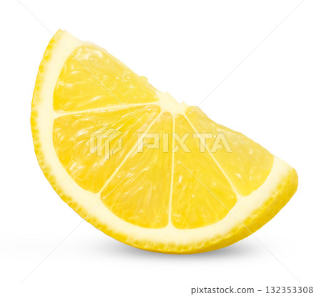 Slice of yellow lemon citrus fruit isolated on white background with clipping path 132353308