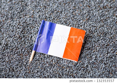 Flag of France in poppy seed. Growing poppy seed in France, origin of grain 132353557