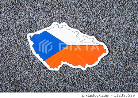 Small flag and map of Czech Republic in poppy seed. Growing poppy seed in Czech Republic, origin of grain 132353559