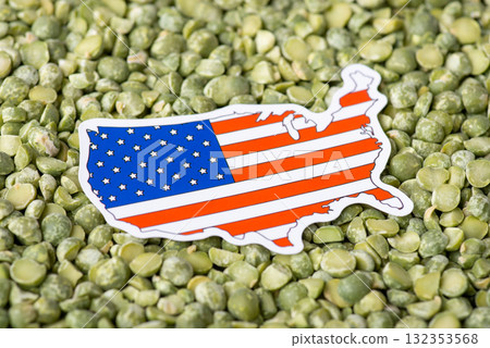 Small flag and map of USA in green pea. Concept of origin of pea grain, harvest of pea in USA Small flag and map of USA in green pea. Concept of origin of pea grain, harvest of pea in USA 132353568