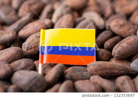 Flag of Colombia on cacao beans. Growing cacao in Colombia concept Flag of Colombia on cacao beans. Growing cacao in Colombia concept 132353697