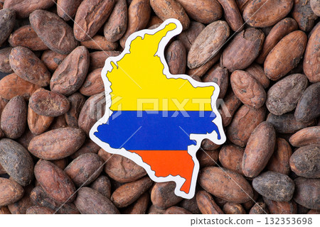 Flag and map of Colombia on cacao beans. Growing cacao in Colombia concept 132353698