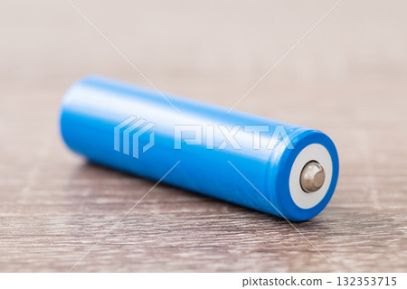 18650 lithium-ion battery, close up. High capacity battery on the table 132353715