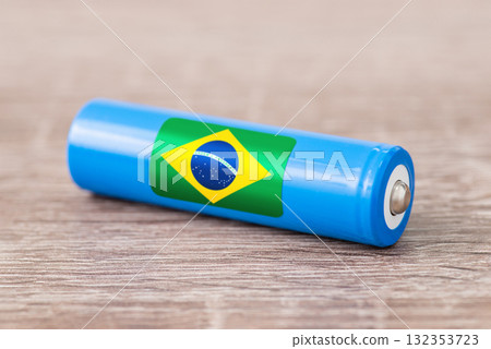 Rechargeable li-ion battery with flag of Brazil. Production of lithium batteries in Brazil Rechargeable li-ion battery with flag of Brazil. Production of lithium batteries in Brazil 132353723