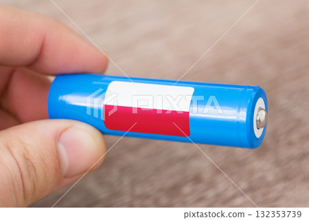 Rechargeable li-ion battery in hand of a man with sticker of Poland flag. Produce lithium batteries in Poland concept Rechargeable li-ion battery in hand of a man with sticker of Poland flag. Produce lithium batteries in Poland concept 132353739