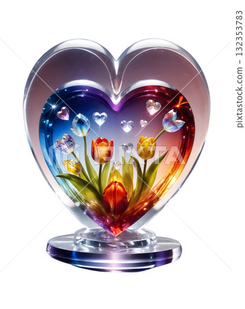 It is a crystal or glass figurine in the shape of a heart with an image of tulips inside. It is a crystal or glass figurine in the shape of a heart with an image of tulips inside. 132353783