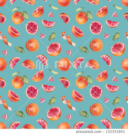 Seamless pattern with watercolor illustration of grapefruit and orange with white flowers. Hand painted print with citrus branch with green leaves for wrapping paper, textile design Seamless pattern with watercolor illustration of grapefruit and orange with white flowers. Hand painted print with citrus branch with green leaves for wrapping paper, textile design 132353841