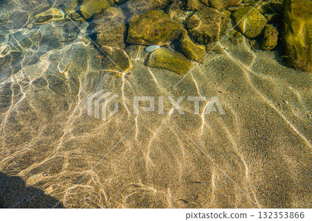 Transparent sea water revealing sandy seabed with scattered stones. Natural coastal scene with textured sand and rocks, perfect as a background, texture, or nature concept. 132353866