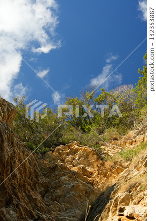 View from the base of a stone cliff looking upward, showing grass growing on top and clear blue sky. Natural outdoor landscape scene. 132353887