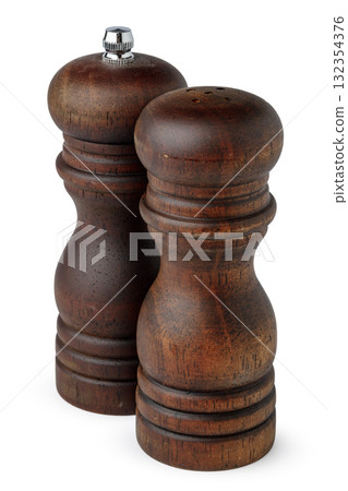 Wooden mills with salt and pepper on white 132354376
