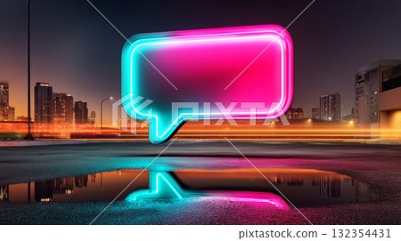 A glowing neon speech bubble is reflected in a puddle on the street at night with city lights and traffic streaks behind it A glowing neon speech bubble is reflected in a puddle on the street at night with city lights and traffic streaks behind it 132354431