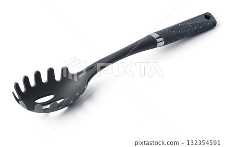 Black plastic spoon for draining on white background 132354591