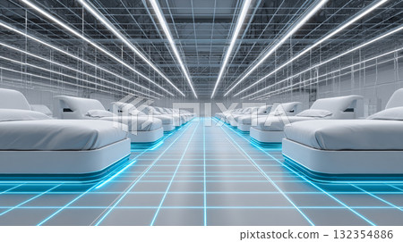 A futuristic medical facility with rows of identical beds lined up in a corridor. The lighting is bright and evenly distributed, creating a sterile yet inviting atmosphere. 132354886