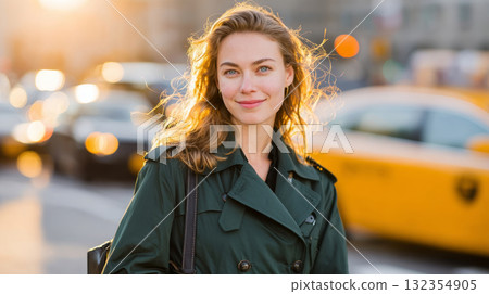 Smiling woman standing outdoors near traffic and yellow taxi during golden hour in the city Smiling woman standing outdoors near traffic and yellow taxi during golden hour in the city 132354905